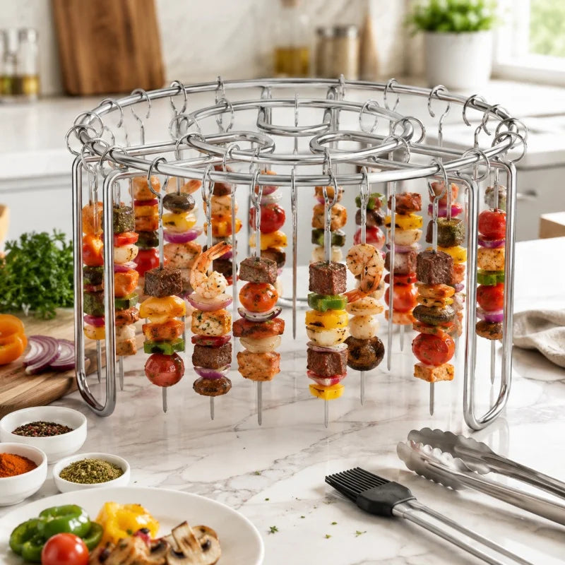 Stainless steel vertical skewer rack holding various colorful food items for grilling or air frying