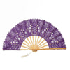 Purple vintage lace hand fan with a woven straw frame and a decorative tassel pendant