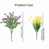 A bouquet of pink and yellow artificial flowers displayed next to a size comparison chart.