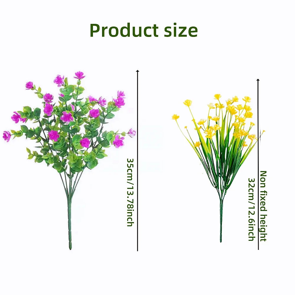 A bouquet of pink and yellow artificial flowers displayed next to a size comparison chart.