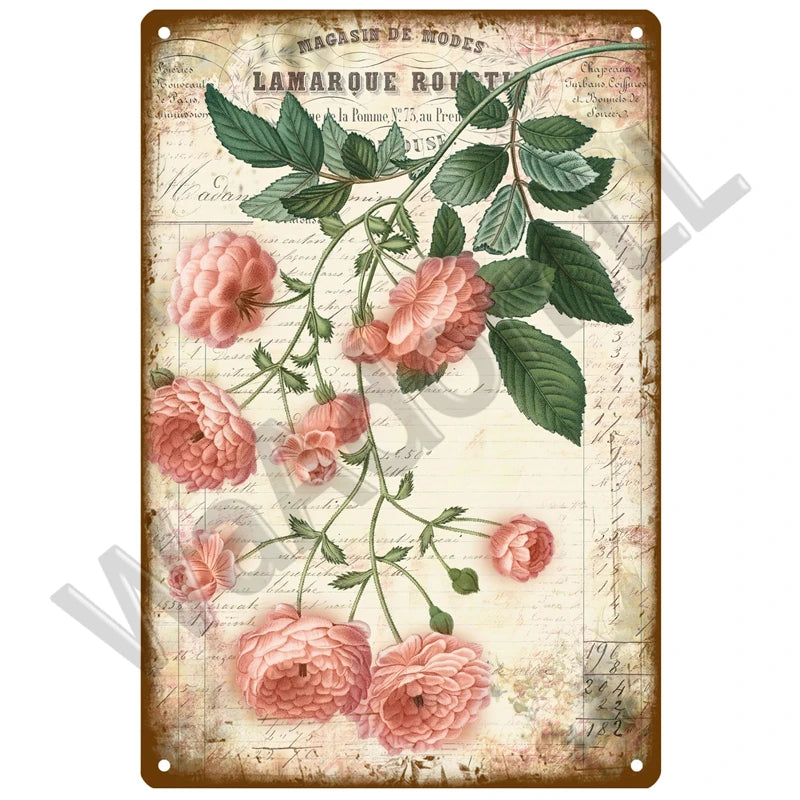 Vintage lavender sunflower metal sign featuring botanical illustrations and text