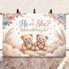 A watercolor-style banner featuring two teddy bears and floral accents with the text He or She What will baby be