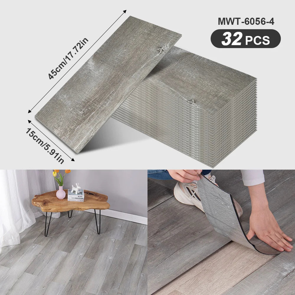 A package of wood grain peel-and-stick floor and wall stickers, showing the product dimensions and application on a wooden fl