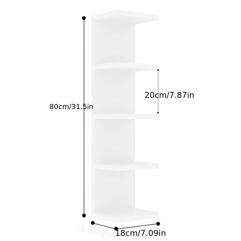 A white five-tier wall-mounted storage shelf with dimensions of 80cm high and 20cm shelf height.