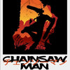 A stylized silhouette of a figure wielding a chainsaw against a fiery orange and red background.