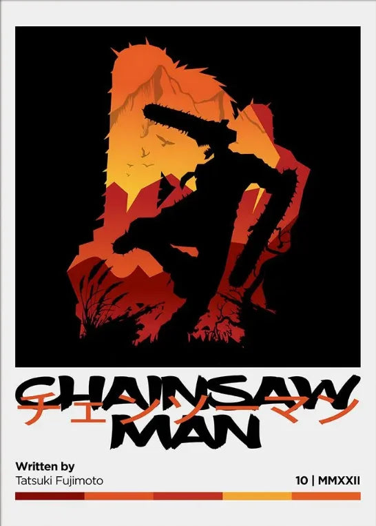 A stylized silhouette of a figure wielding a chainsaw against a fiery orange and red background.