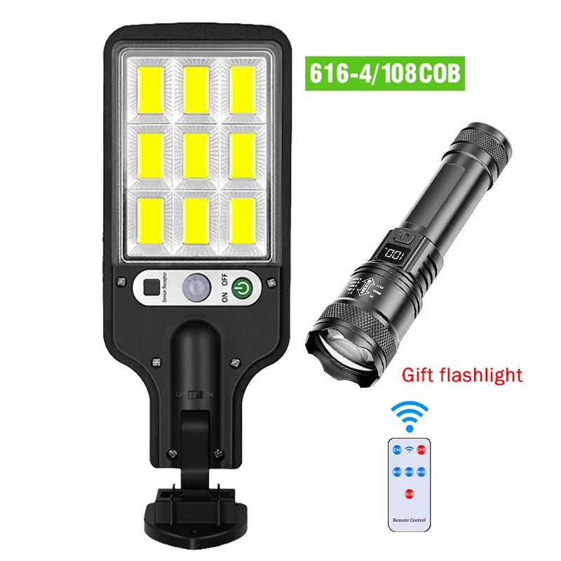 A gift flashlight with a solar-powered motion sensor LED security light and remote control.