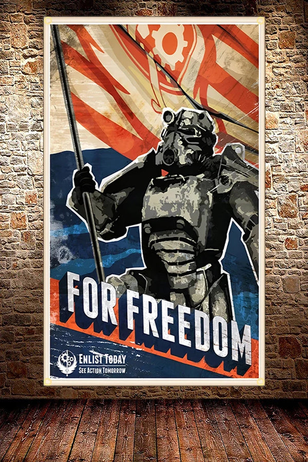 A poster featuring a stylized warrior in armor against a background of red and orange stripes, with the text FOR FREEDOM.
