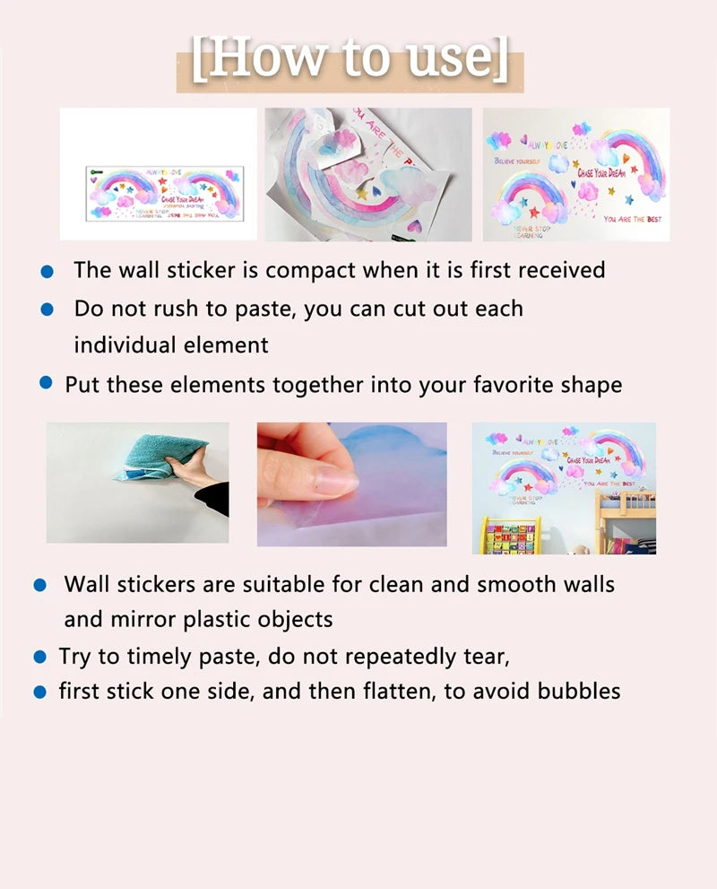Instructions showing how to use pink cherry blossom tree wall stickers on smooth surfaces.