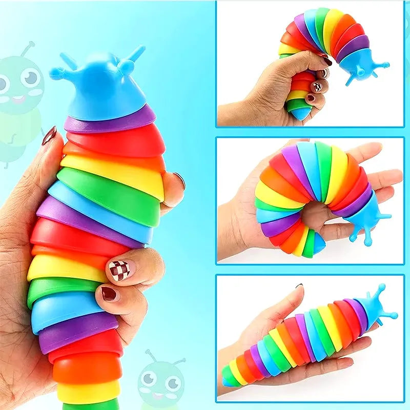 A hand holds a colorful, segmented fidget slug toy made of silicone in various bright colors.