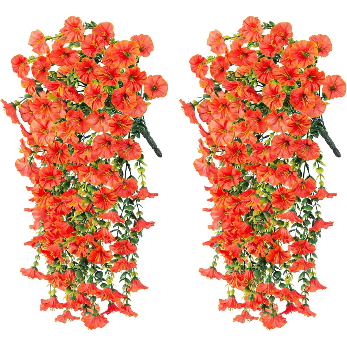 Two sets of artificial orange and red morning glory flowers with green eucalyptus leaves used for hanging decor