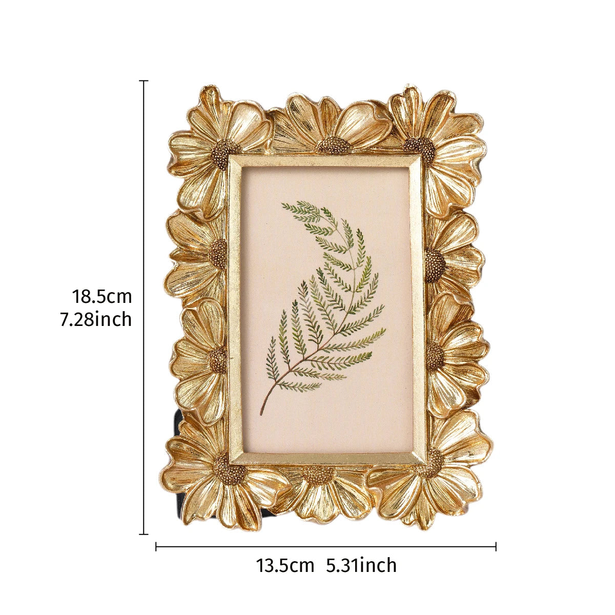 A golden 3D resin photo frame with a floral border and a green fern design inside.