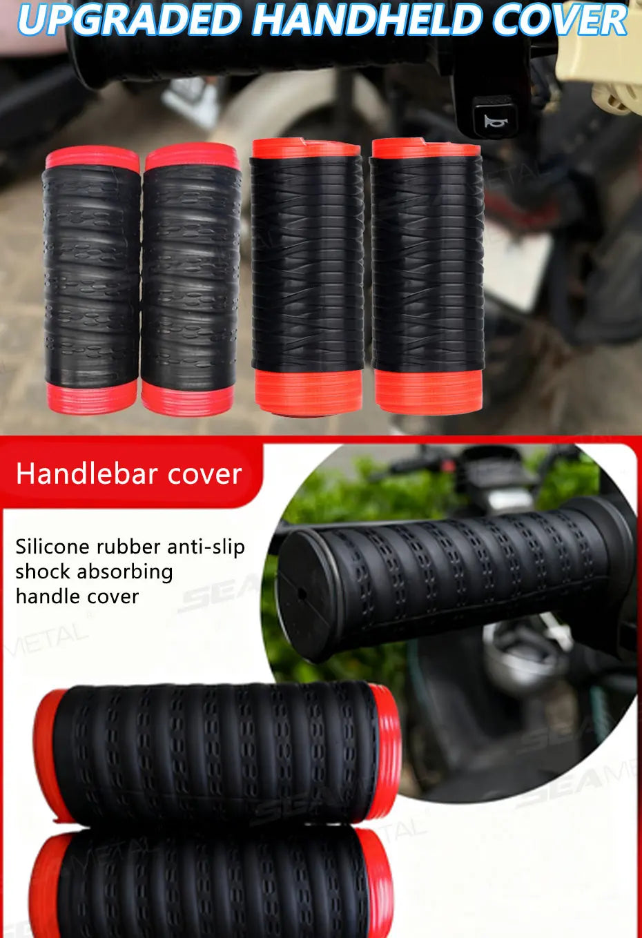 Set of black and red silicone rubber handlebar grip covers for motorcycle handlebars