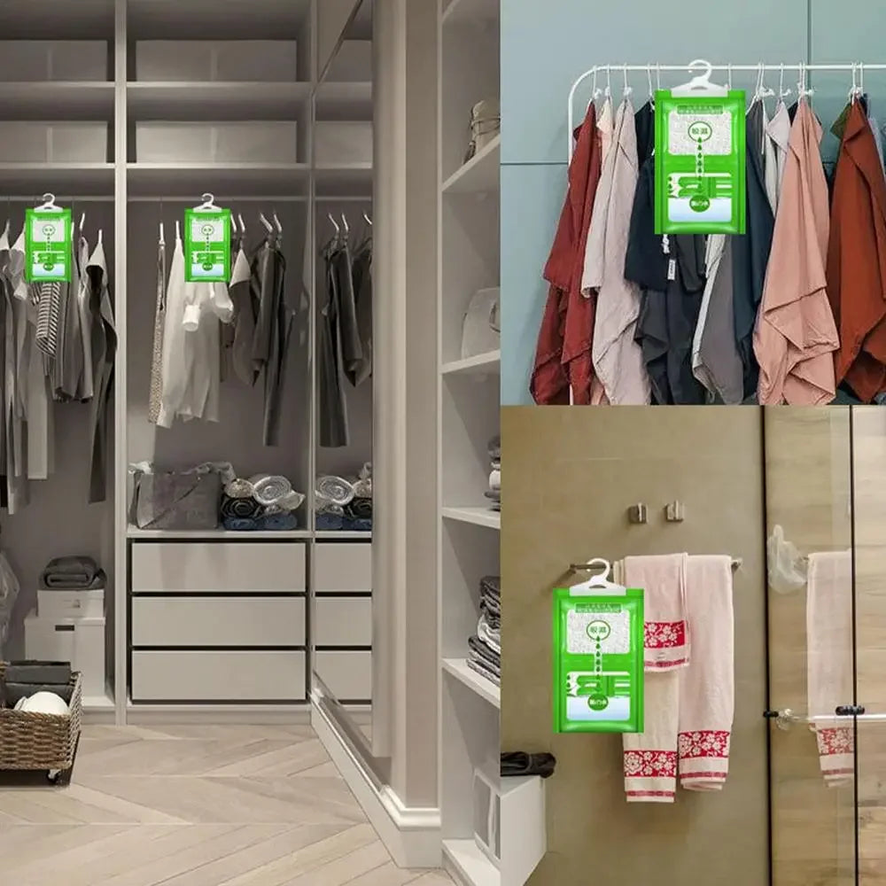 A display of hanging moisture absorber bags for closets and wardrobes in a modern retail setting.