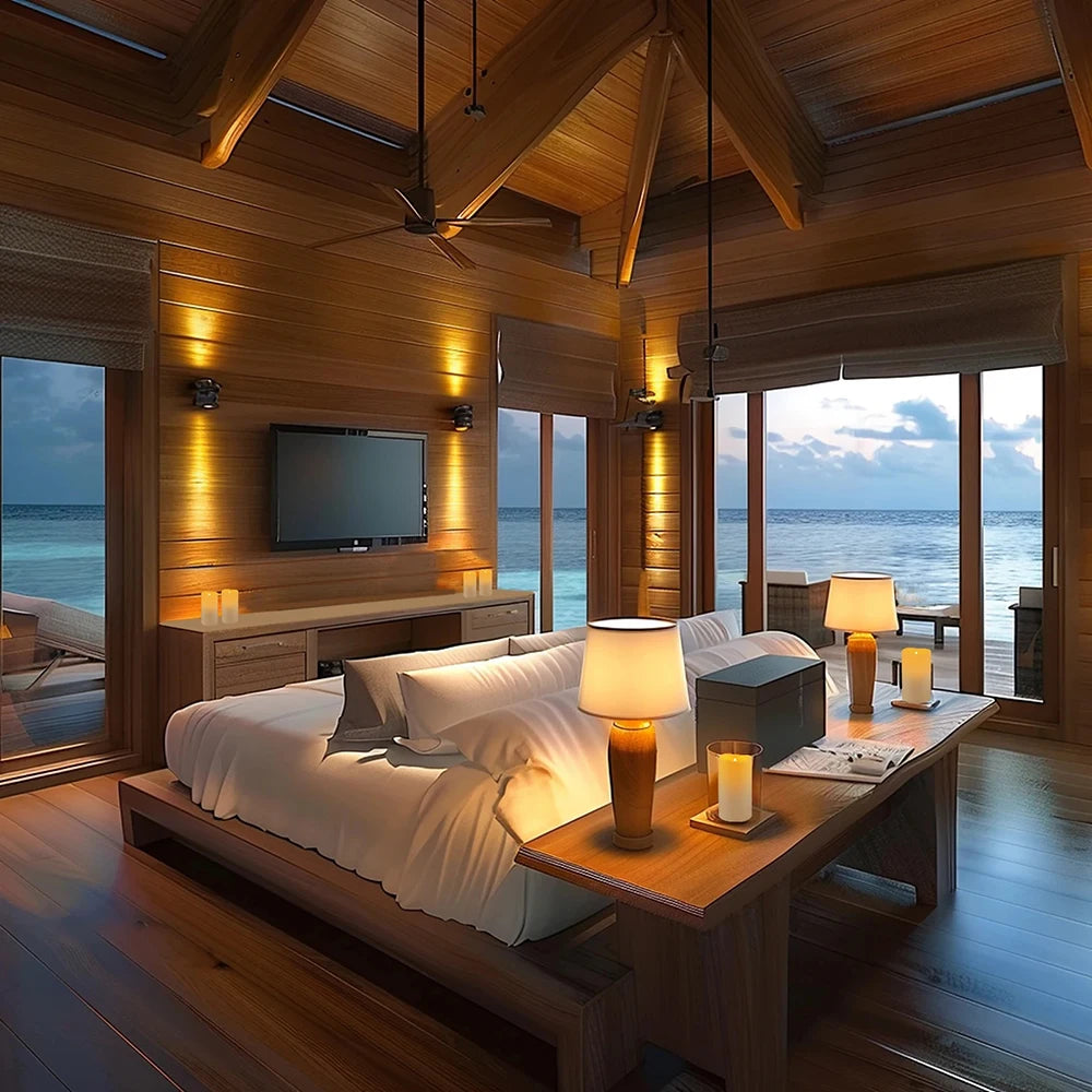 A luxurious bedroom interior featuring a wooden bed and bedside tables with glowing LED candles.