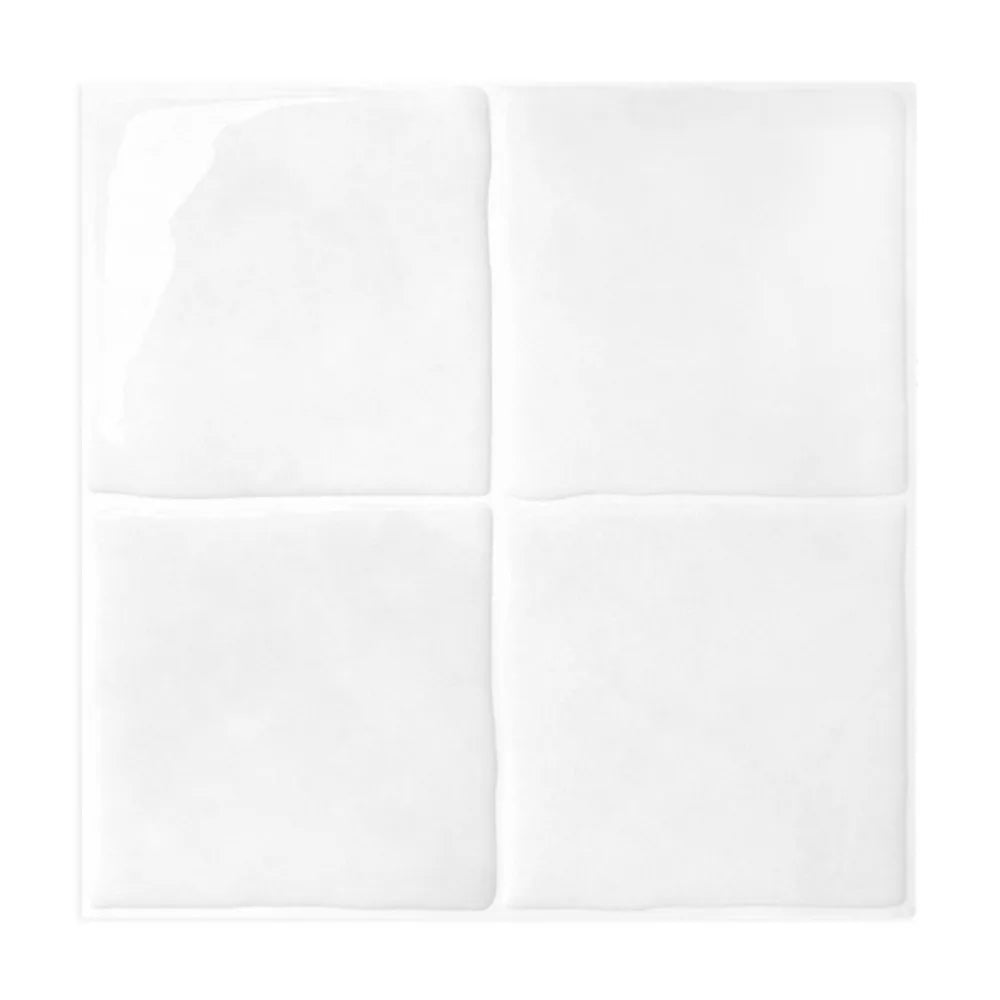 A square white peel and stick 3D marble tile backsplash for kitchen or bathroom.