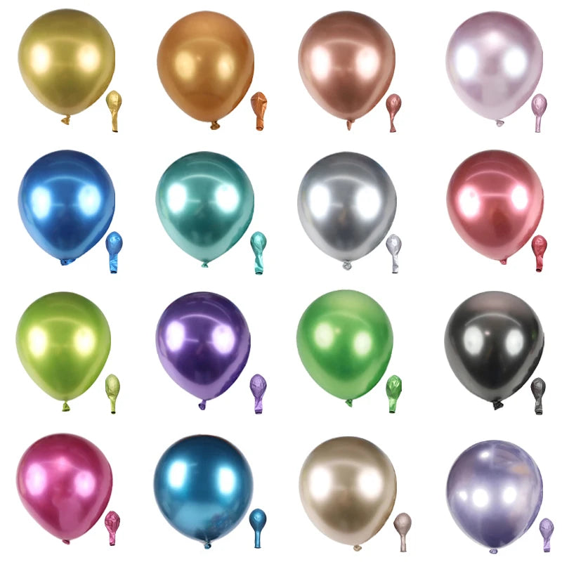 A collection of 12-inch chrome metallic latex balloons in various shades including gold, rose gold, silver, blue, green, purp