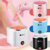 Three versions of a compact wax warmer for hair removal and depilation in white, blue, and black packaging.