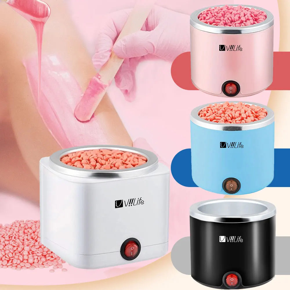 Three versions of a compact wax warmer for hair removal and depilation in white, blue, and black packaging.