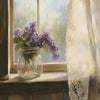 A still life painting featuring a glass jar filled with purple lavender flowers on a windowsill.