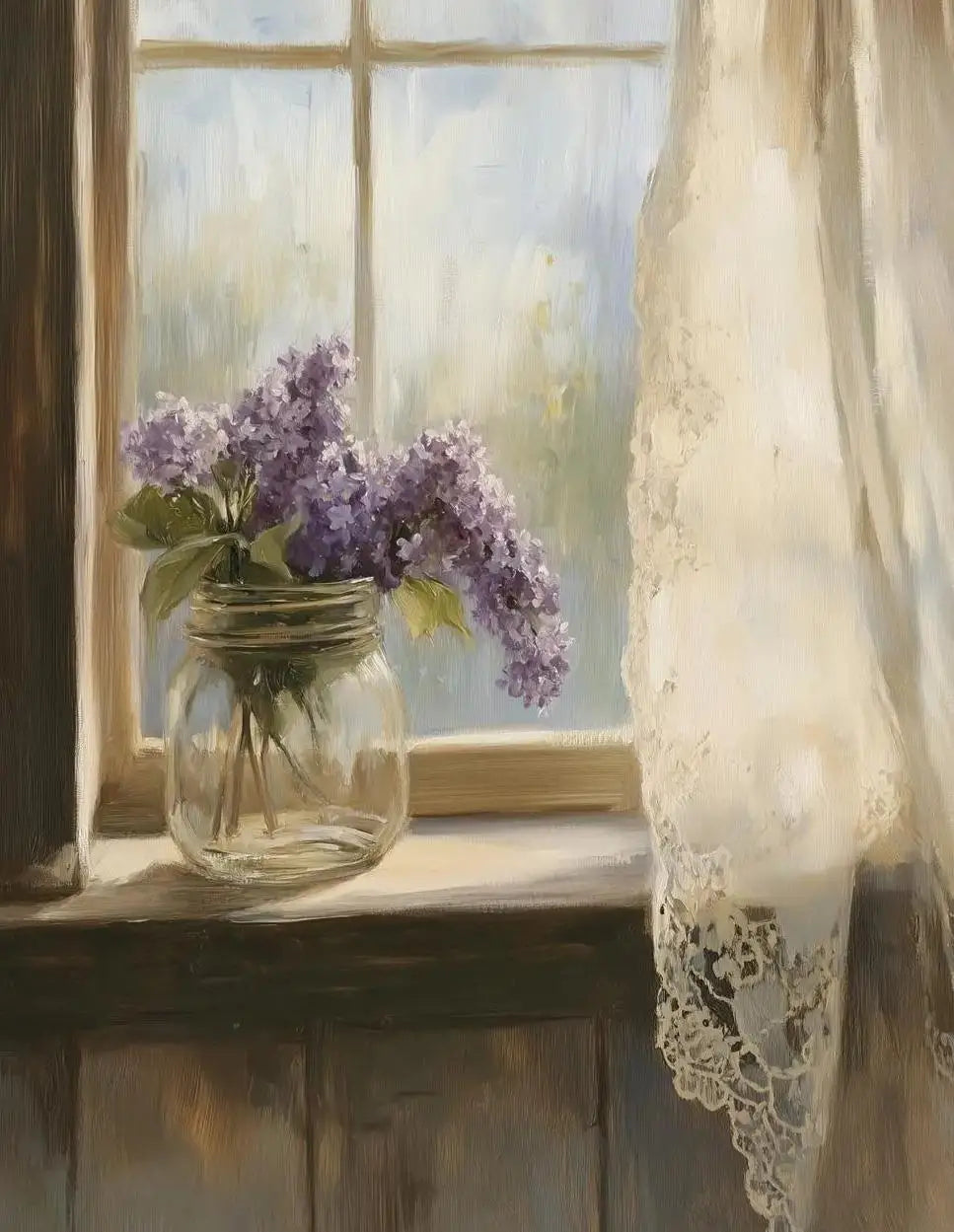A still life painting featuring a glass jar filled with purple lavender flowers on a windowsill.