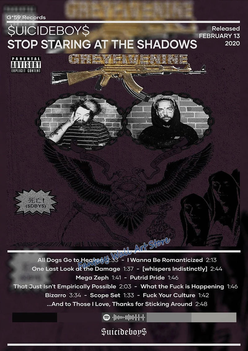 Album cover art for Suicideboys titled Stop Staring at the Shadows featuring a stylized silhouette of a person and an eagle.