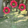 A vibrant pink and red giant silk sunflower with a dark center is displayed in an outdoor setting.