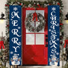 Festive Christmas door banner with holiday greetings featuring a wreath and snowman designs on a red door.