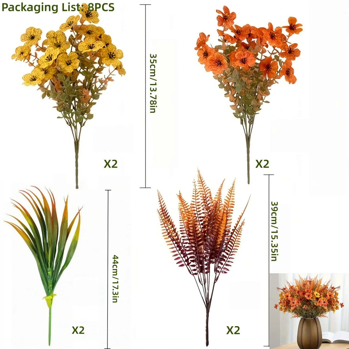 A set of artificial autumn floral decorations featuring orange and yellow flowers and reddish-brown foliage.