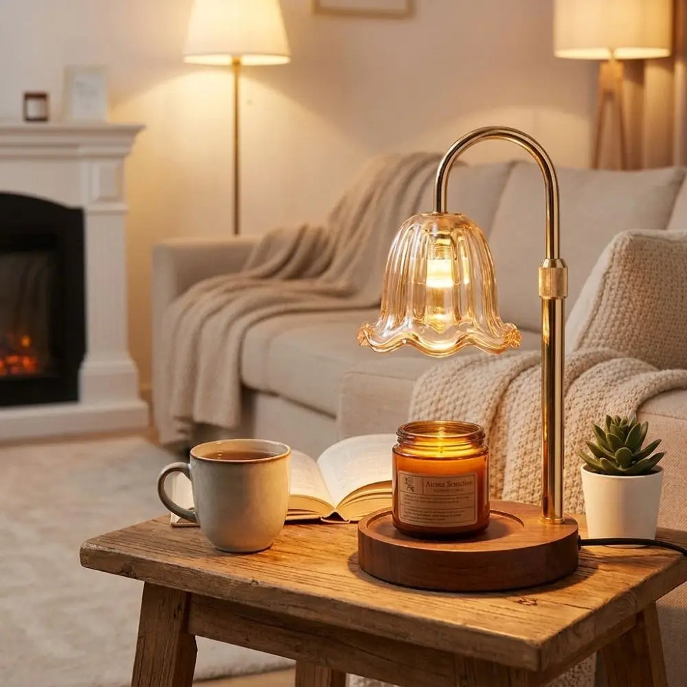 Vintage-Aromatherapie-Duftwarmer mit Glasdiffusor auf Holztable neben einer Kaffeetasse