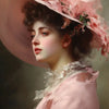 A portrait of a woman wearing a large pink floral hat and a pink dress.