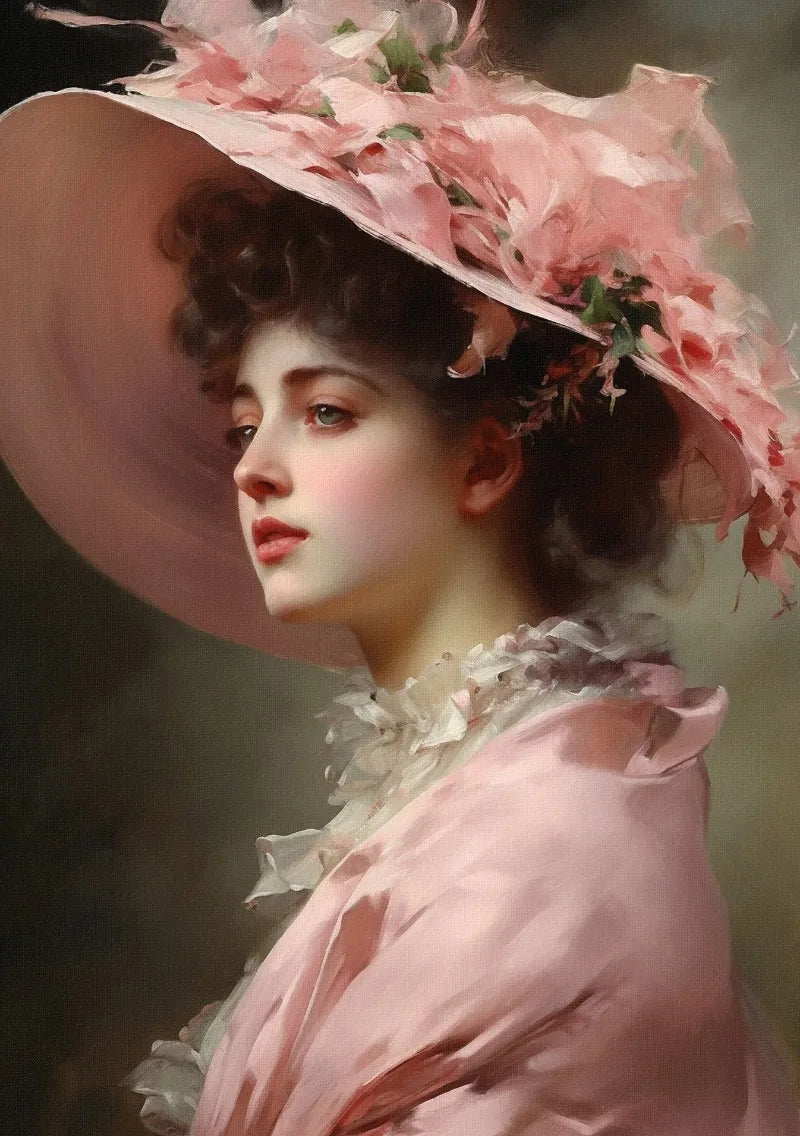 A portrait of a woman wearing a large pink floral hat and a pink dress.