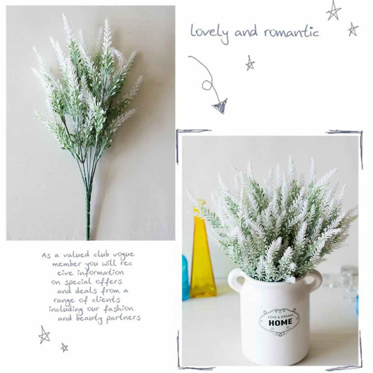 A close-up of fluffy white lavender artificial flowers in a white pot, displayed against a light background.