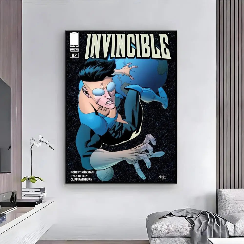 A poster featuring the title INVINCIBLE and an illustration of a superhero character against a dark background.