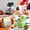 A collection of pink and green layered dessert cups featuring fruit, cream, and seeds for parfaits and party treats.