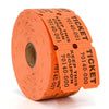 A roll of orange tearable raffle tickets with various numbers and text printed on them.