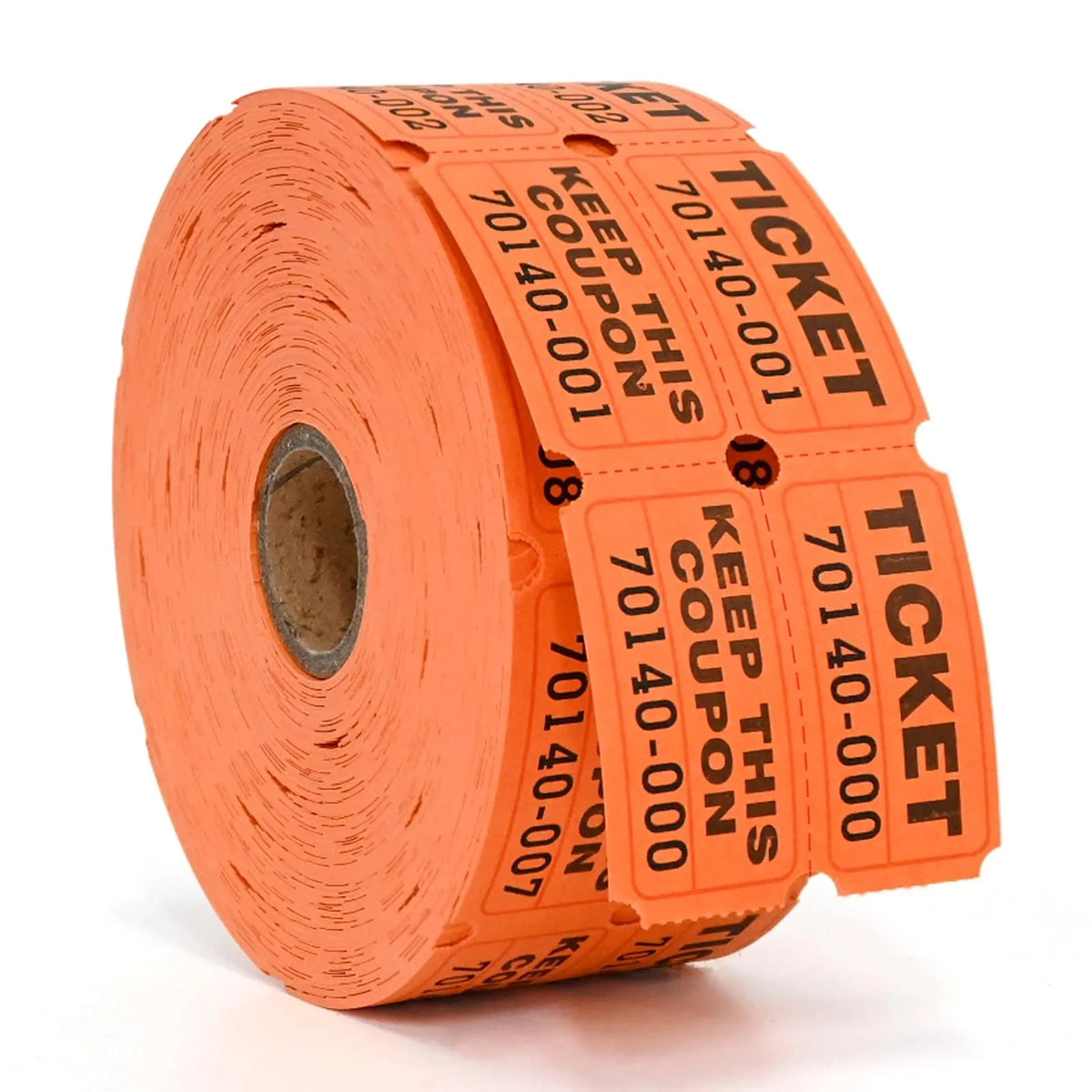 A roll of orange tearable raffle tickets with various numbers and text printed on them.