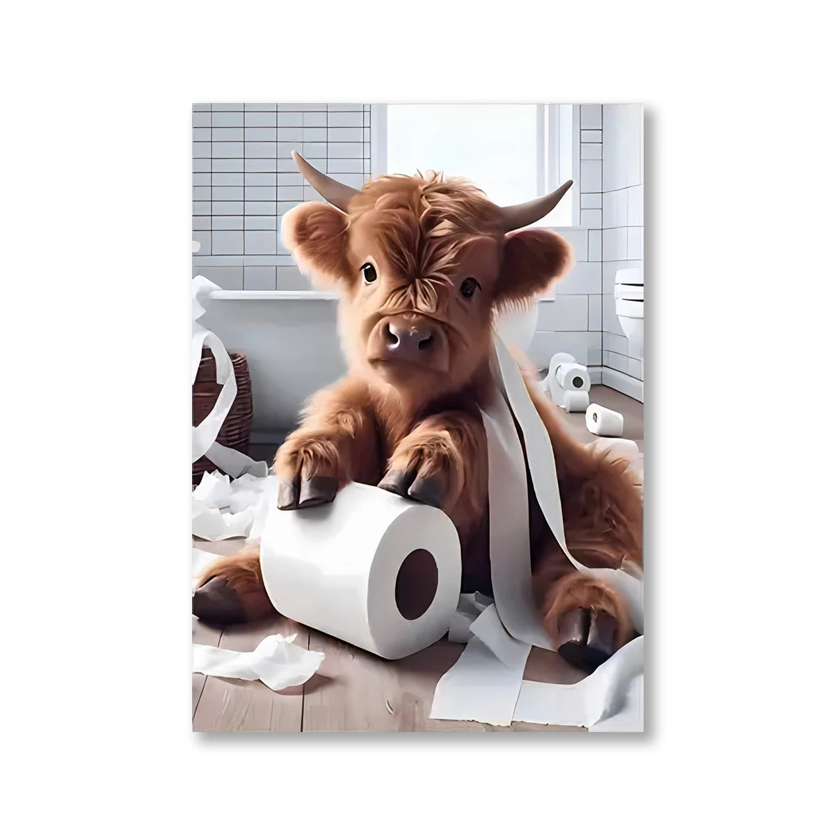 A brown Highland cow sculpture with horns is sitting amidst rolls of white paper on a wooden surface.