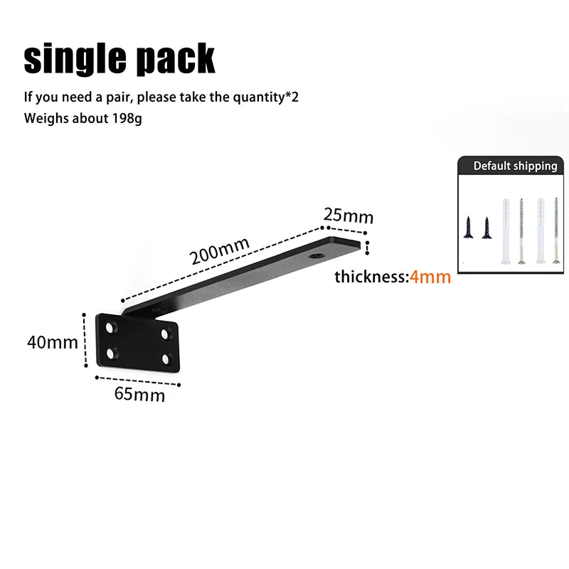 A single heavy-duty floating shelf bracket is shown with dimensions including 40mm, 65mm, 200mm length, and 25mm thickness.
