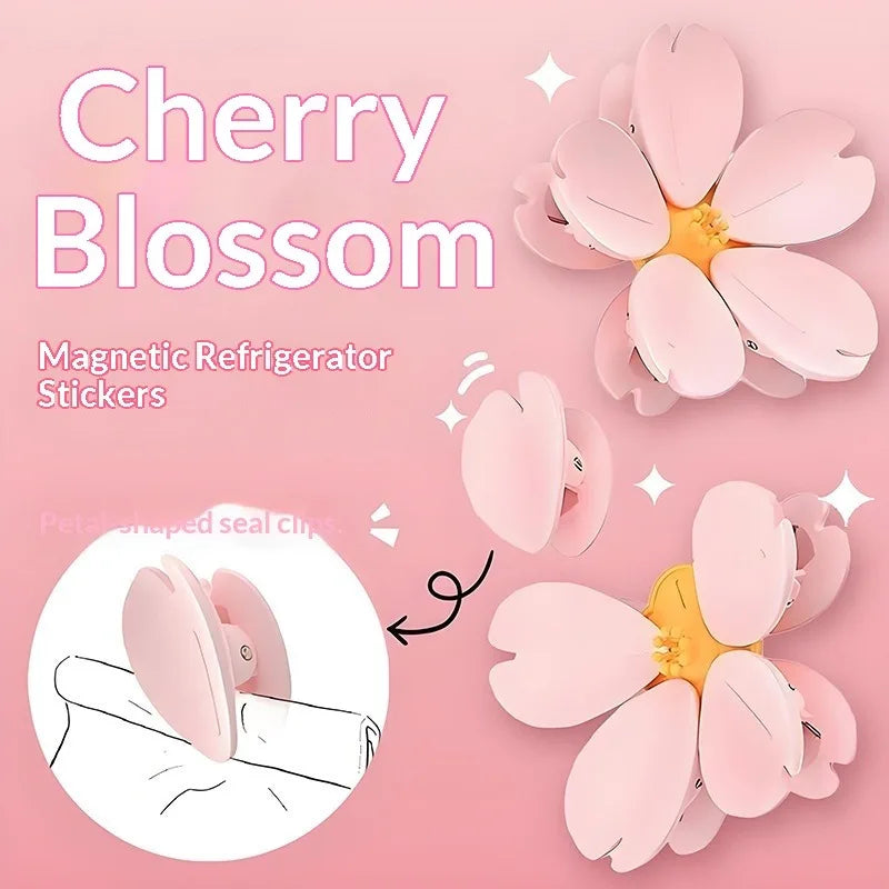 Pink magnetic refrigerator stickers shaped like cherry blossoms used for sealing.