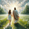 A painting depicting Christ embracing a child, viewed from behind, with bright light shining between them in a grassy field.