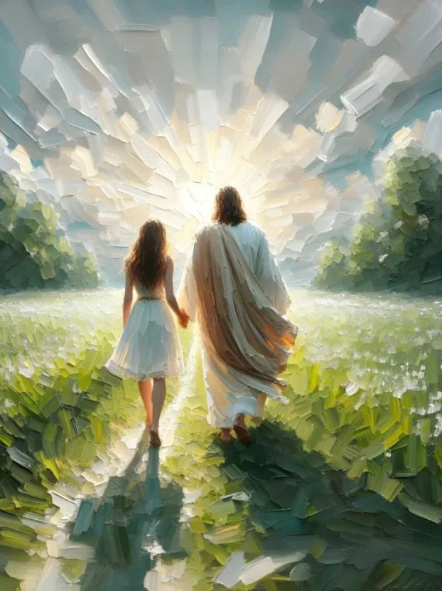 A painting depicting Christ embracing a child, viewed from behind, with bright light shining between them in a grassy field.