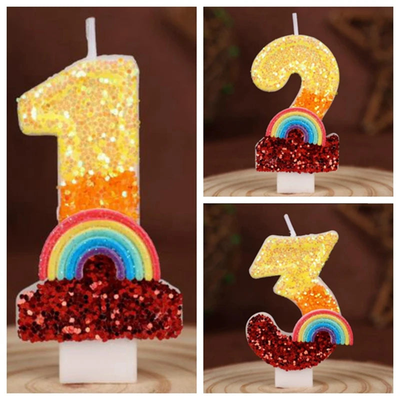 Rainbow sequined number candles shaped like the number one and two for birthday cakes