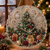 A decorative Christmas tree made of glitter and jewels is displayed in a clear oval frame for a diamond painting kit.