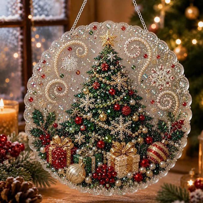 A decorative Christmas tree made of glitter and jewels is displayed in a clear oval frame for a diamond painting kit.