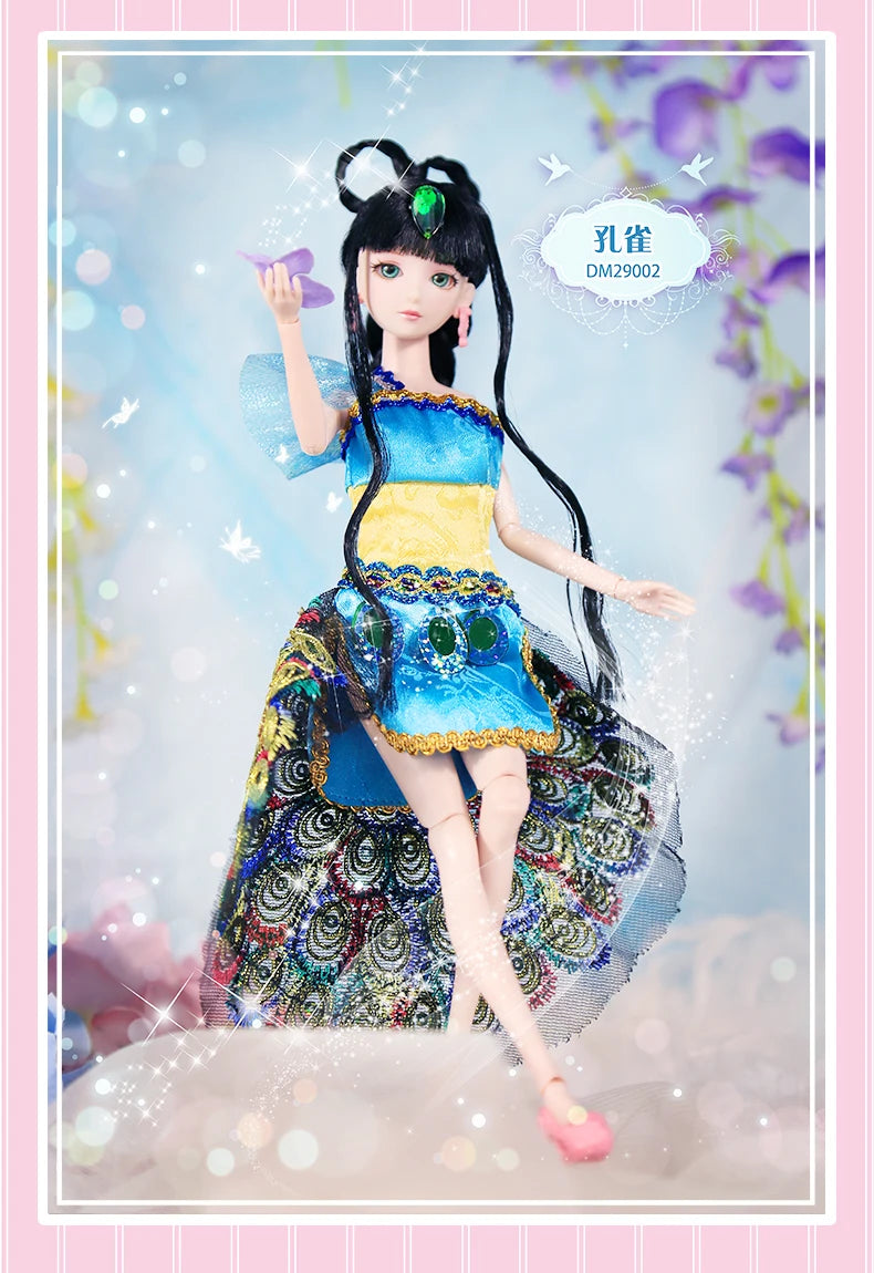 A detailed ball-jointed doll with black hair and a colorful blue and yellow outfit standing in a soft, light setting.