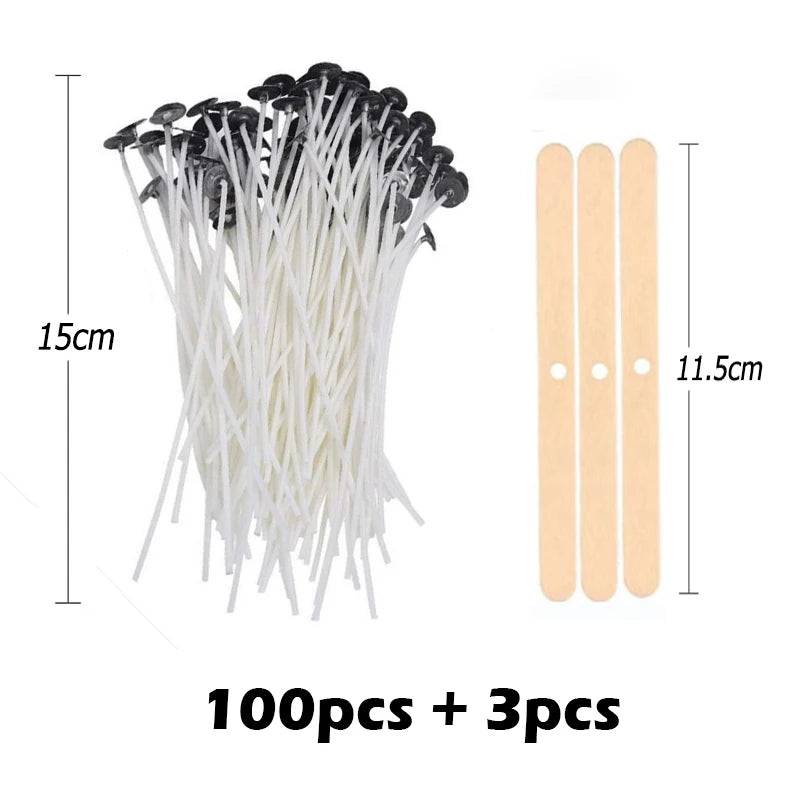 A bundle of 100 smokeless cotton candle wicks and three extra wicks shown next to a measuring guide.