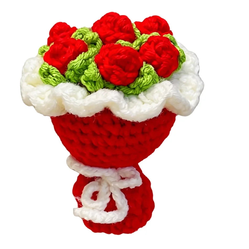 Handmade crochet flower bouquet keychain featuring red roses and green leaves in a red pot