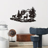 Black silhouette wall art featuring a deer and forest scene on a white background.