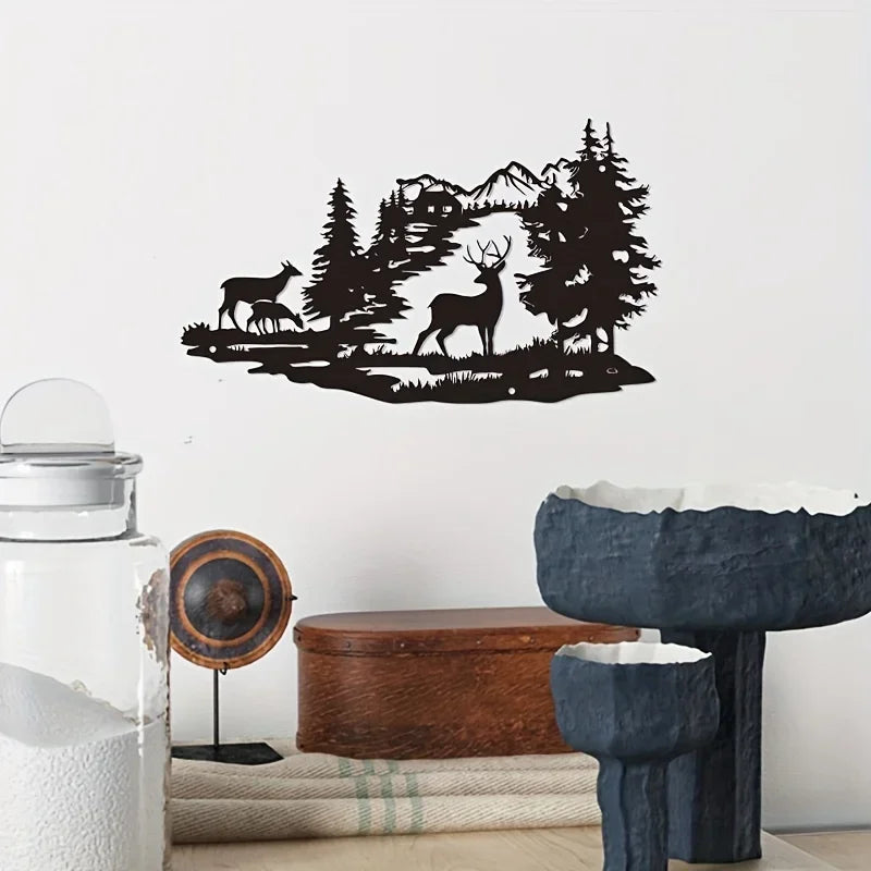 Black silhouette wall art featuring a deer and forest scene on a white background.